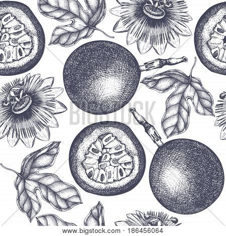 Tropical hand drawn illustration. Engraved botanical sketch. Passiflora seamless pattern.