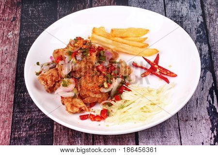 Spicy Crispy Deep-fried Karaoge Chicken Salad.