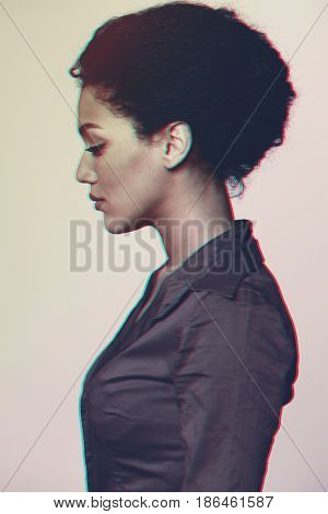 Profile portrait of beautiful mixed race African ethnicity - Caucasian woman looking forward, 3d anaglyph effect