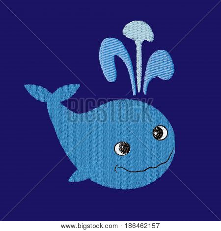 Whale patch embroidery, vector illustration of sea animal, cute character of underwater life, decorative element for baby, children clothes, things.