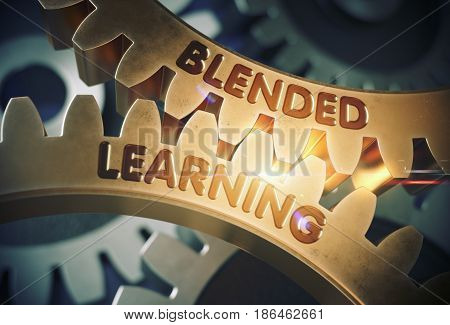 Blended Learning on Golden Metallic Cog Gears. Golden Metallic Cog Gears with Blended Learning Concept. 3D Rendering.