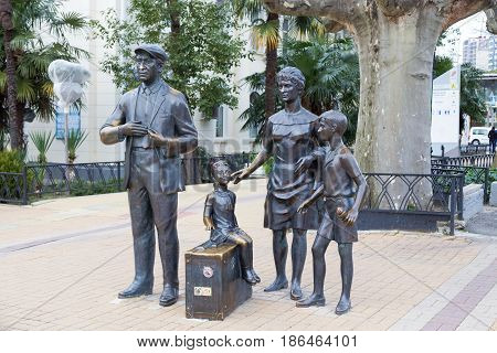 Sochi, Russia - February 9, 2016: Monument to heroes of Comedy directed by Leonid Gaidai The Diamond Arm, mounted near the building of the marine station.