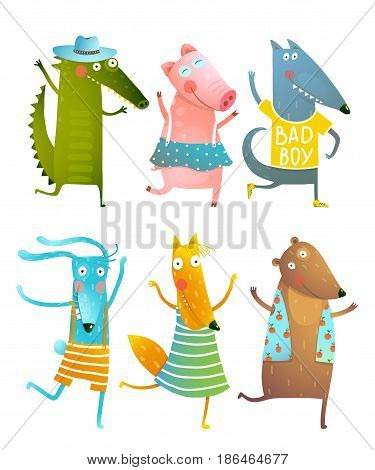 Cartoon for children dancing or playing game animals cub in dress, shirts, clothes. Dog, pig, alligator, rabbit, fox, bear friends. Vector cartoon illustration.