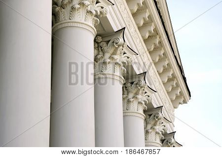 Classical portico and pediment of the building with columns. Ukraine Lviv the building of the Agricultural Institute.