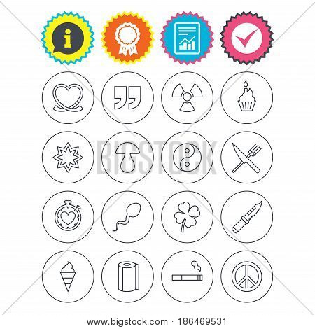 Report, information and award signs. Universal icons. Quotes, ribbon heart and cake. Clover, mushroom and ice cream. Smoking, knife and fork. Check tick symbol. Flat buttons. Vector