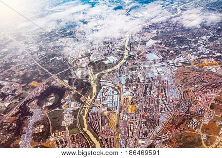 Aerial view of Chengdu district at sunset time. China.
