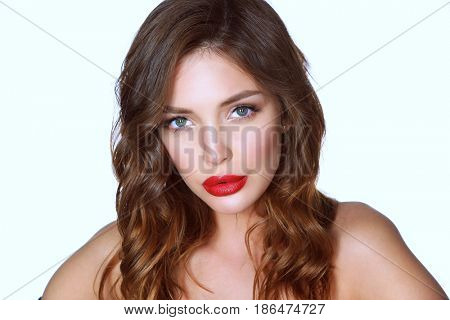 Beautiful woman skin with red lips on white background