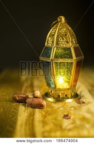 Ramadan lamp and dates. Beautiful Ramdan Greeting card cover background.