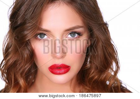 Beautiful woman skin with red lips on white background