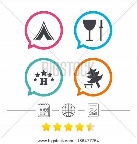 Food, hotel, camping tent and tree icons. Wineglass and fork. Break down tree. Road signs. Calendar, internet globe and report linear icons. Star vote ranking. Vector