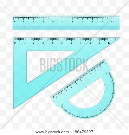 Ruler triangle protractor. Measuring tool. Vector school instruments in realistic transparent style.