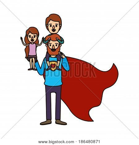 color image caricature full body super dad hero with girl on his hand and boy on his back vector illustration