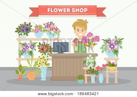 Flower shop salesman. Pots with plants and flowers with cashbox.