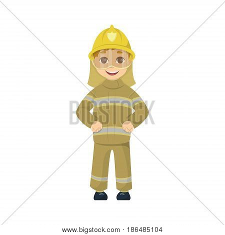 Cartoon kid fireman on white background. Funny cute character.