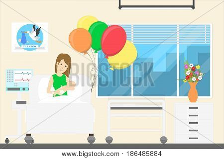 Newborn with mother in maternity hospital. Ward with ballons.