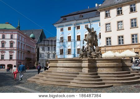 Olomouc Czech Republic - May 52017: View on the Dolni square of Olomouc Czech Republic Original name Dolni namesti. Famous unesco heritage city and tourist attraction.