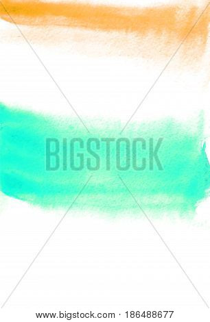 Card with tuquoise and orange blots. Watercolor painting for design. Abstract bright textured backdrop. Postcard banner logo invitation. Hand paint isolated on white background. Vector illustration