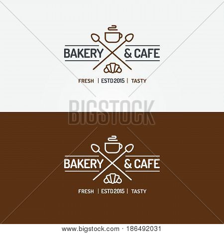 Bakery and cafe logo set line style with croissant, cup of tea and spoons for coffee shop, cupcake firm, bread house, food market, cafe, loaf store. Vector Illustration