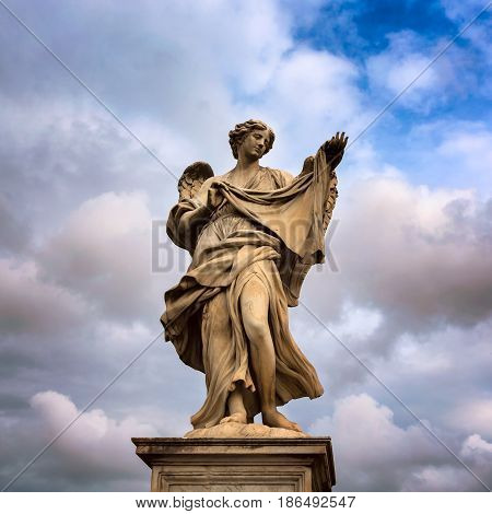 Angel with the Sudarium (Veronica's Veil) on Aelian Bridge in Rome Italy