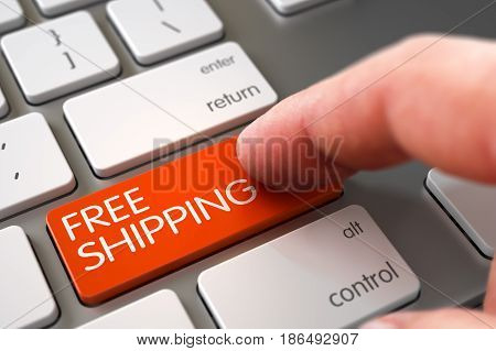 Man Finger Pressing Orange Free Shipping Button on Modernized Keyboard. 3D Illustration.