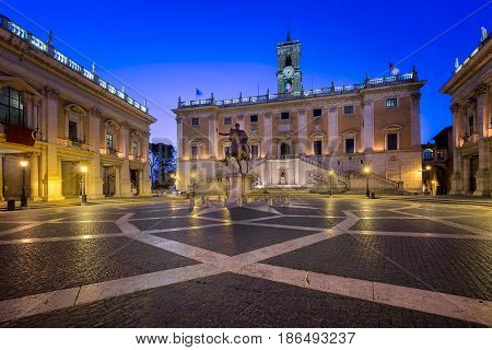 Piazza del Campidoglio and Emperor Marcus Aurelius Statue in the Morning Rome Italy