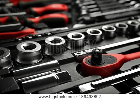 Set of tools for car repair in box, closeup