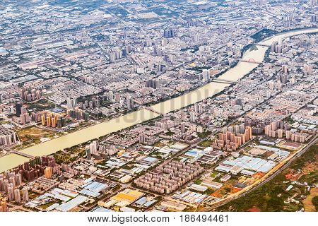 Aerial view of Chengdu district at sunset time. China.
