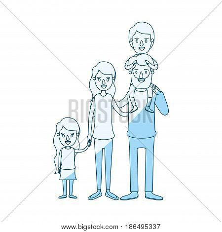 blue silhouette shading caricature big family parents with boy on his back and daugther taken hands vector illustration