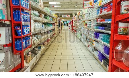 Eskisehir Turkey - April 17 2017: Interior of Carrefour supermarket one of the cheapest retailers originated in France also one of the world's biggest hypermarket chains