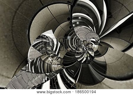 Abstract vintage texture architecture spiral of stairs, staircase, glass, metal, steel. Circle round curve line geometry. Fractal abstract architecture geometric background. Gray scale, toning