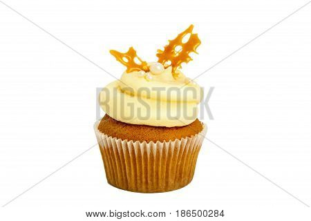Caramel sweet cupcake isolated on white background.