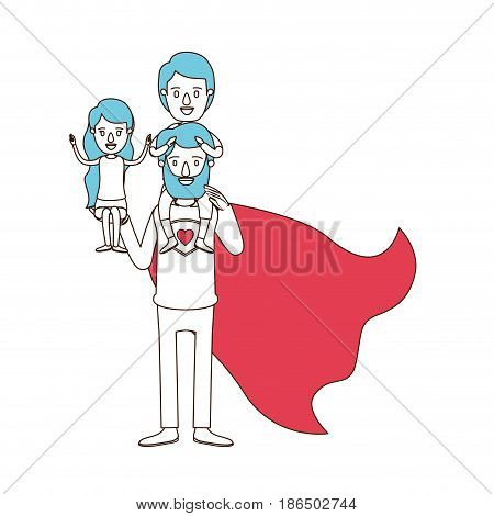 silhouette cartoon with color sections of full body super dad hero with girl on his hand and boy on his back vector illustration