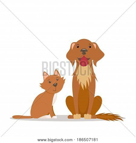 Cute lettle red cat and big friendly brown dog sitting straight, cartoon illustration isolated on white background. Cartoon portrait of red cat kitten and brown dog puppy characters, sitting together