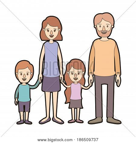 light color caricature thick contour family group with parents and little kids taken hands vector illustration