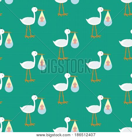 Stork brought the baby seamless pattern on the green background. Vector illustration