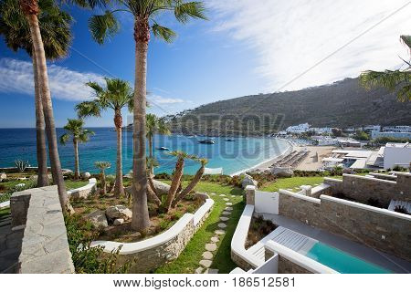 Panorama in Mykonos Cyclades Greece. Palm trees in foreground