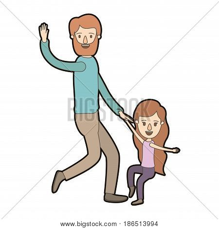 light color caricature thick contour bearded father with girl dancing vector illustration