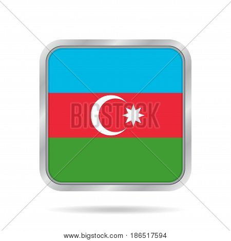 National flag of Azerbaijan. Shiny metallic gray square button with shadow.