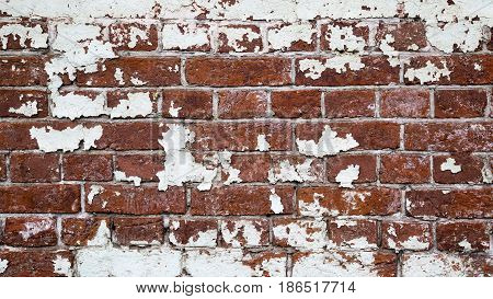 Empty Old Brick Wall Texture. Painted Distressed Wall Surface. Grungy Wide Brickwall. Grunge Red Stonewall Background. Shabby Building Facade With Damaged Plaster. Abstract Web Banner. Copy Space.