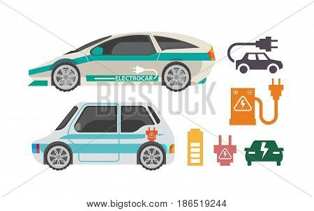 Electrocars and ways of charging colorful poster on white. Vector illustration in flat design of two electric automobiles and symbols of refueling using batteries. Clean environment template