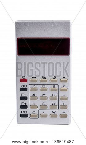 Old silver calculator made by USSR with red display on white background