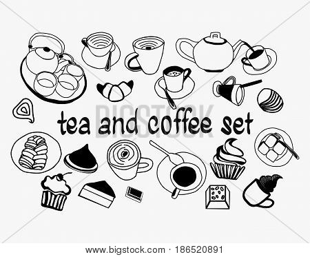 Tea Coffee and Desserts doodles Hand drawn Sweet collection set with tea pot coffeecups mugs piece of cake and other dishes. Black and white sketch illustration.