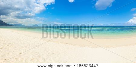 Sandy tropical Wolmar beach at sunny day. Panorama. Mauritius