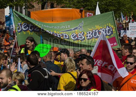BERLIN - MAY 01 2016: Members of trade unions workers and employees at the demonstration on the occasion of Labour day.