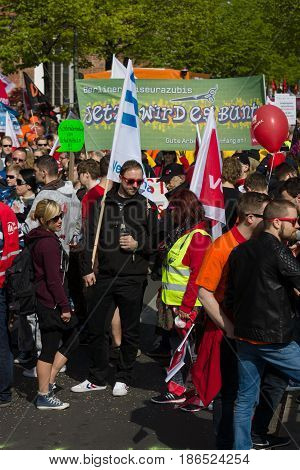 BERLIN - MAY 01 2016: Members of trade unions workers and employees at the demonstration on the occasion of Labour day.