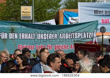 BERLIN - MAY 01 2016: Members of trade unions workers and employees at the demonstration on the occasion of Labour day.