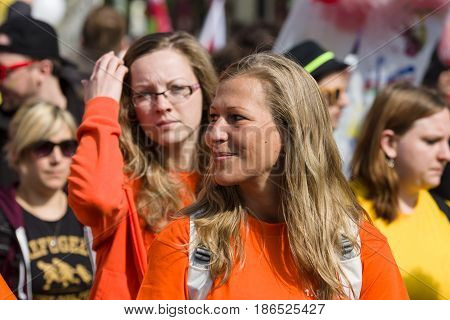 BERLIN - MAY 01 2016: Members of trade unions workers and employees at the demonstration on the occasion of Labour day.