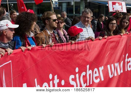 BERLIN - MAY 01 2016: Members of trade unions workers and employees at the demonstration on the occasion of Labour day.