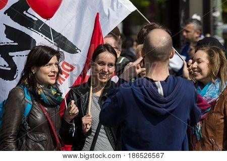 BERLIN - MAY 01 2016: Members of trade unions workers and employees at the demonstration on the occasion of Labour day.