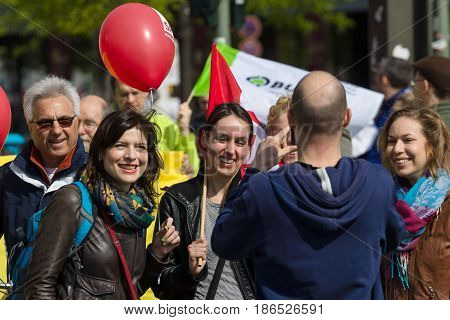 BERLIN - MAY 01 2016: Members of trade unions workers and employees at the demonstration on the occasion of Labour day.